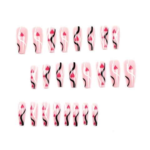 Unghie Finte Coffin Lunghe A Pressione Rosa Motivo Cuore Linee Ondulate Bianco E Nero Per Donne Manicure