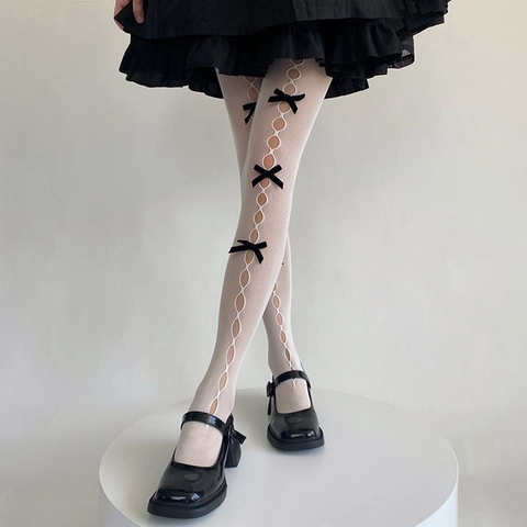 Damen Japanisch Süß Lolita Hohl Ausgeschnitten Schleife Feinstrumpfhose Netzstrumpfhose Atmungsaktiv Polyester Lange Strümpfe Für Alltag Party