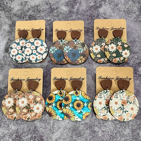 Boho Holz Ohrringe Mit Blumenmuster Und Rundem Design Mit Stahl Ohrstecker Retro Westlicher Schmuck Für Damen