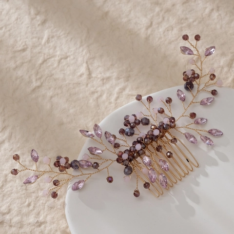 Peine de Pelo de Novia de Cristal Púrpura Diamantes de Imitación Hecho a Mano Horquillas Florales para Boda Banquete Fiesta Mujer Joyería Oro Plata