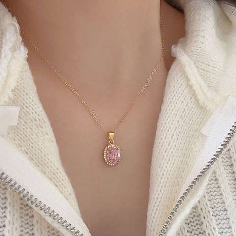 Elegante Collar Con Colgante De Circón Rosa Ovalado Plata De Ley 925 Halo Circonita Cúbica Joyería Minimalista Coreana