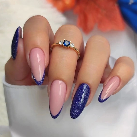 Klein Blau Künstliche Nägel French Tip Mandelform Glitzer Elegante Einfache Maniküre Für Damen Hochglanz Finish