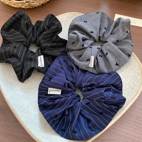 Large Fabric Hair Scrunchies With Striped Pattern And Bow Embroidery Elastic Ponytail Holder For Women Girls Elegant Accessories