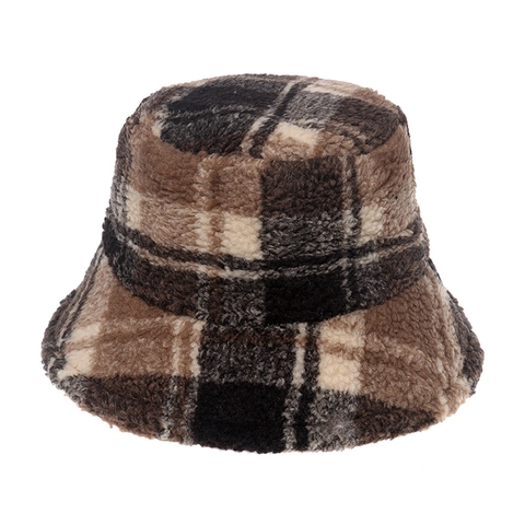 Plaid Lamb Wool Bucket Hat Warm Plush Gingham Winter Flat Top Casual Fashion Unisex Outdoor