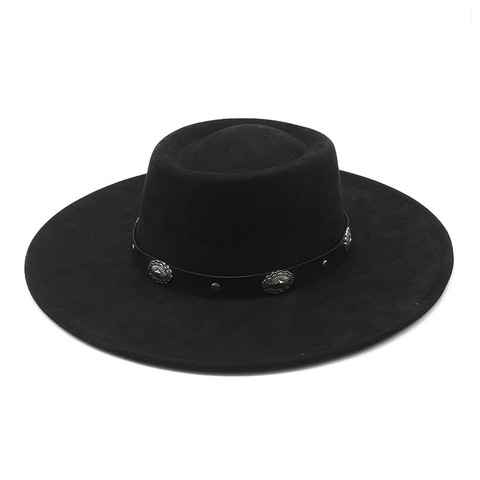 Breedgerande Fedora Hoed Vintage Western Stijl Met Metalen Concho Riem Decor Polyester Suède Unisex Jazz Hoed