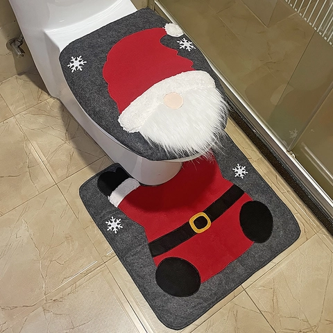Christmas Gnome Toilet Seat Cover And U Shaped Rug Mat Non Woven Fabric Plush Faceless Santa Bathroom Decor Snowflake