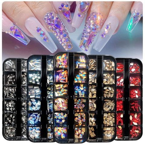 Strass Per Unghie Forme Miste Cristallo Di Vetro Dorso Piatto Manicure Decorazione Fai Da Te Multicolore Aurora AB Lucido Elegante