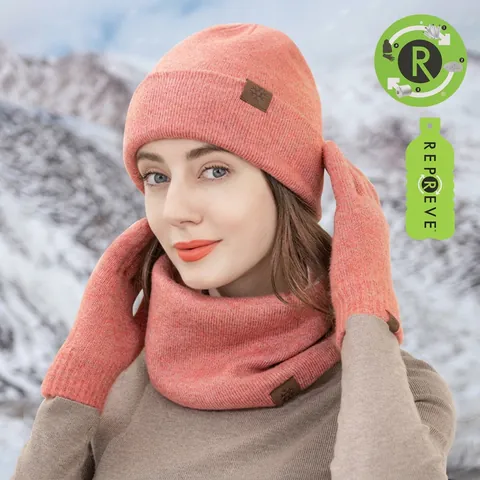 Ensemble Bonnet Écharpe et Gants Tactiles en Maille pour Femme Hiver Chaud en Polyester Recyclé Ensemble d'Accessoires à Côtes