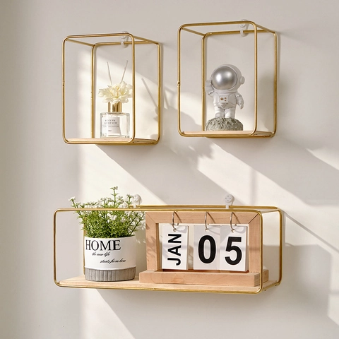 Metal Iron Wall Mounted Floating Shelf With Wood Base Nordic Minimalist Geometric Frame For Living Room Bedroom Home Decor