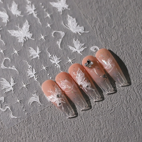 Nail Art Stickers 5D Embossed Butterfly Star Metallic Silver White Adhesive Manicure Decors Ins Style
