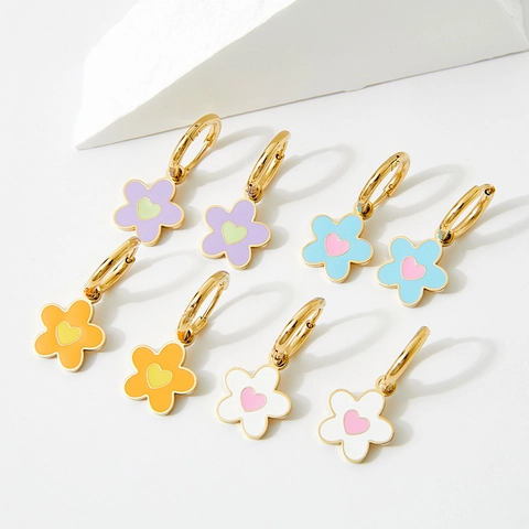 Orecchini A Cerchio Con Ciondolo A Cuore Fiore Dolce Acciaio Inossidabile Smalto Colorato Gioielli Per Donne Ragazze