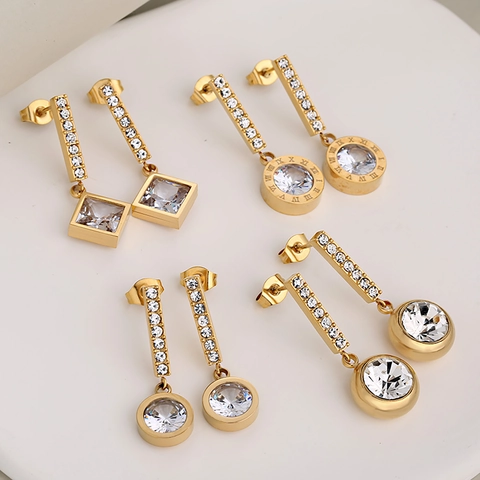 Light Luxury Stainless Steel Rhinestone Stud Earrings Fashion Geometric Square Round Roman Numeral Dangle Earrings For Women