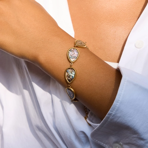 Pulsera De Acero Inoxidable Gota De Agua Chapada En Oro De 18K Incrustación De Concha De Abulón Cadena Ajustable Joyería Mujer