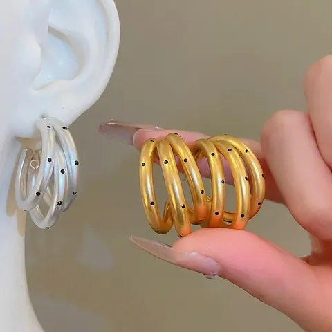 Triple Layer C-Shape Hoop Earrings Matte 18K Gold Plated With 925 Sterling Silver Earring Post Polka Dot