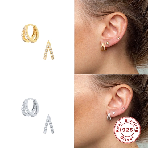 Orecchini a Cerchio in Argento Sterling 925 con Doppia Fila di Zirconia e Turchese Orecchini Huggie Incrociati Geometrici per Donna