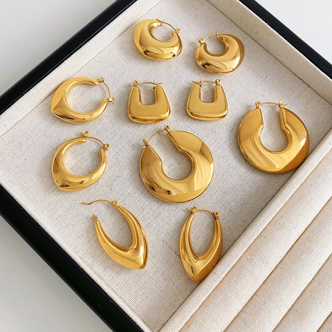 Stainless Steel Hoop Earrings Minimalist Geometric U Shape Hollow Polished Metallic Trendy Ear Buckles For Women