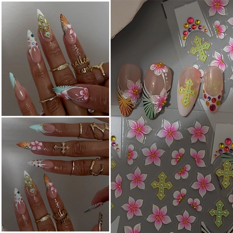 Autocollants Art Des Ongles 5D Relief 3D Fleur Croix Dégradé Auto Adhésif Décalcomanies Manucure Pour Femmes