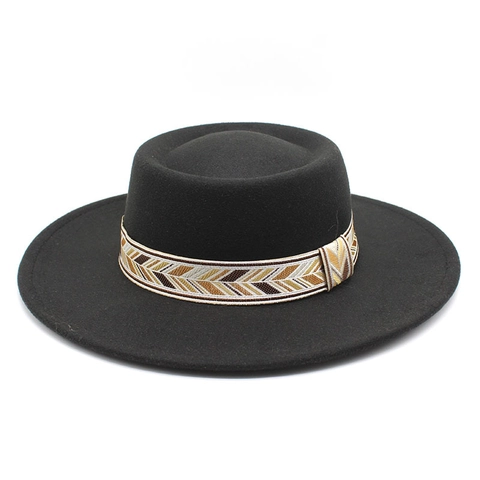Flat Top Boater Hat Wool Felt Wide Brim Ethnic Woven Band Jazz Fedora Retro Style For Men Women
