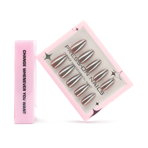Almond Press On Nails Braun Spiegel Chrom Metallic Finish Falsche Nägel Einfarbig Glänzend Full Cover Maniküre Für Frauen