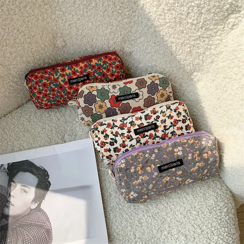 Pastoral Floral Corduroy Pencil Case Large Capacity Vintage Cosmetic Bag Stationery Pouch Secure Zipper Storage Organizer