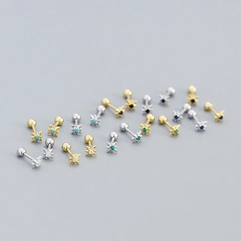 Eight Pointed Star Stud Earrings 925 Sterling Silver Colorful Zircon Turquoise Screw Ball Back Piercing Jewelry For Women