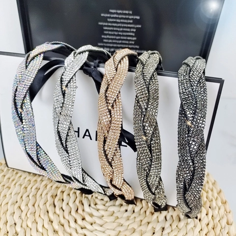 French Style Braided Rhinestone Headband Wide Twisted Hair Band Fashion Elegant Headwear For Women Girls