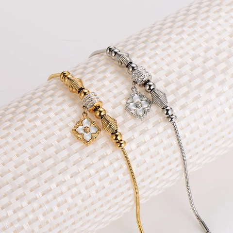 Pulsera De Acero Inoxidable Nácar Trébol Flor Encanto Cadena De Serpiente Strass Para Mujeres
