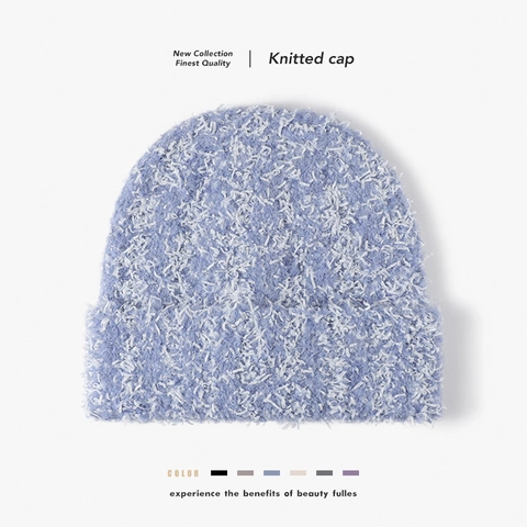Gorro De Punto Peludo De Color Sólido Mezcla De Lana Cálido Grueso Con Dobladillo Exterior Invierno Mujer
