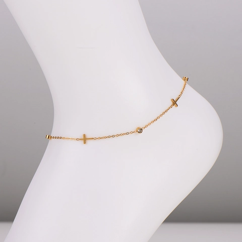 304 Stainless Steel 18K Gold Plated Cross Charm Anklet For Women Minimalist Foot Chain Clear Rhinestone Dainty Jewelry
