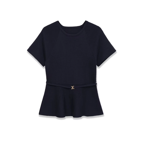 Dames Gebreide Schootje Top Met Korte Mouwen En Rechte Broek Met Gouden Gesp Riem Marine Koffie Casual Co-ords