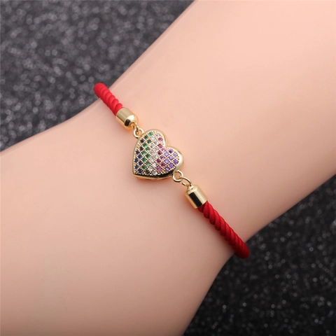 Fashion Heart Charm Bracelet For Women Copper Gold Plated With Multi-Color Zirconia Micro Pave Adjustable Braided Rope