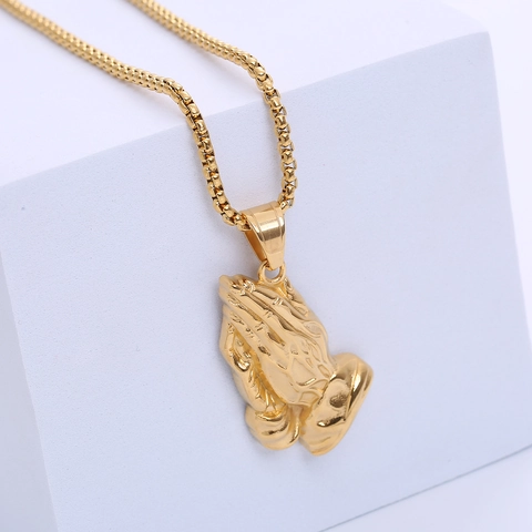 Collana Con Ciondolo Mani In Preghiera Acciaio Inossidabile Placcato Oro 18K Gioielli Hip Hop Religiosi Per Uomini Donne Con Catena Box