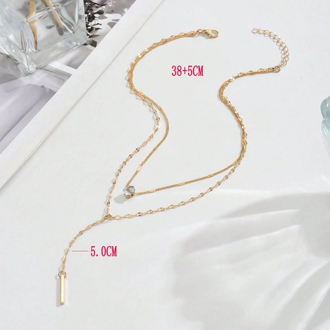 Double Layer Y-Pendant Necklace For Women Gold Plated Alloy Rhinestone Teardrop Bar Chain Fashion Jewelry Daily Party Gift