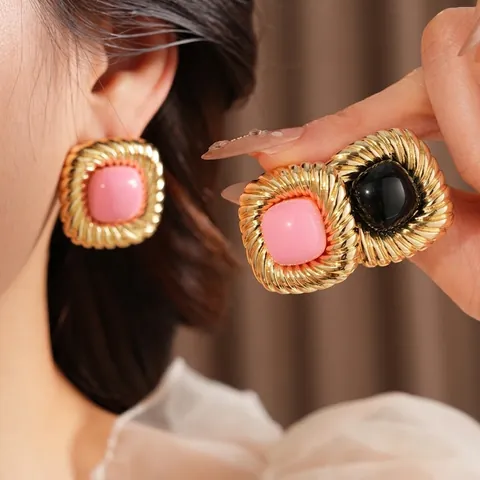Vintage Square Stud Earrings Alloy Gold Twisted Textured Resin Inlay With 925 Sterling Silver Earring Post For Women