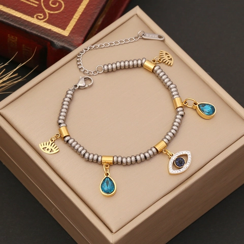 Fashion Stainless Steel Beaded Bracelet Evil Eye Water Drop Flower Charms Adjustable Jewelry For Women