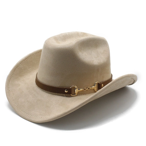 Cappello Cowboy Western Vintage Camoscio Feltro Fedora Ala Larga Con Fibbia Morsetto Banda Cuoio Uomo Donna Moda