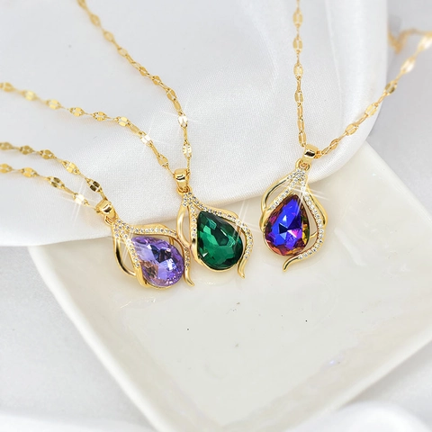 Tropfen Anhänger Halskette Titanstahl Vergoldet Minimalistisch Elegant Zirkonia Schmuck Für Frauen