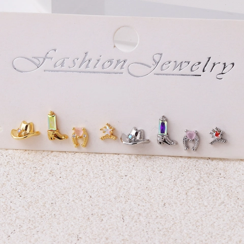 Pendientes Cowboy Western Cobre Chapado Oro Circón Sombrero Bota Herradura Estrella Alguacil Joyería Mujeres
