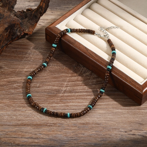 Boho Herren Perlenkette Kokosnussschale Holz Kunststein Vintage Ethno-Stil Handgefertigte Schmuck Schlüsselbeinkette