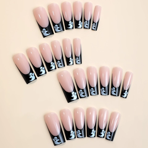 Unghie Finte Halloween Fantasma French Tip Nera Forma A Bara Lunga Per Donne Accessorio Per Manicure Per Feste Festive