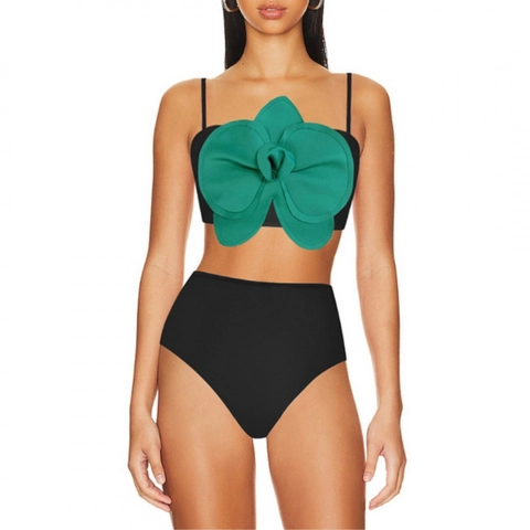 Costume Da Bagno Donna Top Bikini E Slip A Vita Alta E Gonna A Portafoglio Decorazione Fiore Orchidea Verde 3D Sexy Vacanze Mare Nylon