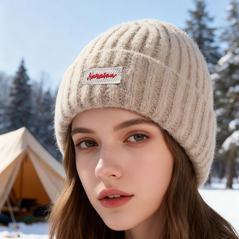 Winter Ribbed Knit Beanie Hat For Women Men Thick Warm Cotton Polyester Blend Cuffed Cap With Embroidered Patch Casual