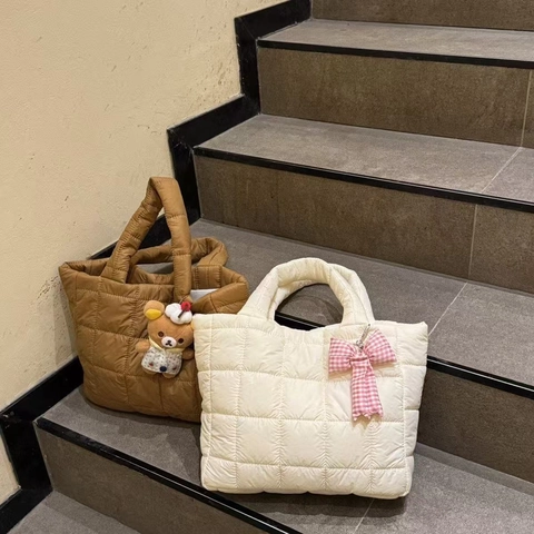 Women Quilted Tote Bag Puffy Handbag Soft Square Pattern Nylon Large Capacity Daily Commuting Winter Casual