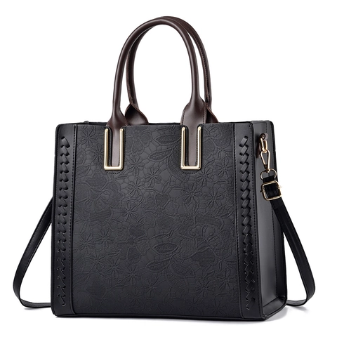 Women Embossed Lace PU Leather Tote Bag Large Capacity Floral Pattern Crossbody Shoulder Bag Urban Minimalist Fashion Handbag