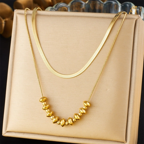 Double Layer Necklace 18K Gold Plated Stainless Steel Flat Snake Chain With Geometric Oval Bead Accents For Women Trendy