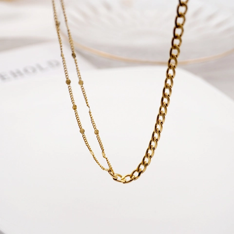 Collana E Bracciale Asimmetrici Oro Acciaio Titanio Catena Cubana Doppio Strato Catena Sottile Ciondoli Disco Rotondo Donne