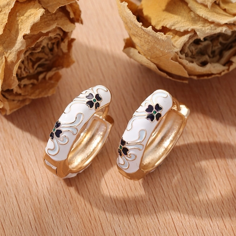 Chinese Style Floral Hoop Earrings Copper Colorful Enamel Retro Round Ear Buckles Vintage Jewelry Women
