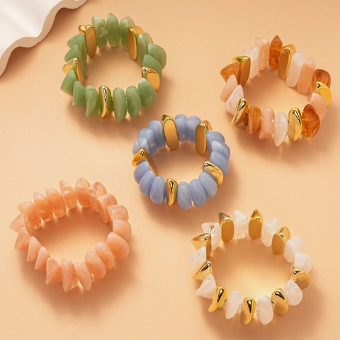 Chunky Acrylic Resin Bracelet With Metallic Gold Pieces Geometric Elastic Fashion Jewelry For Women