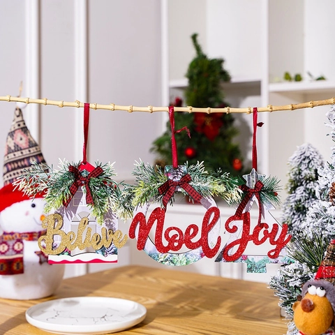Nordic Style Christmas Wooden Hanging Ornament Glitter Letter Sign Believe Joy Noel Festive Wall Decor For Holiday Home