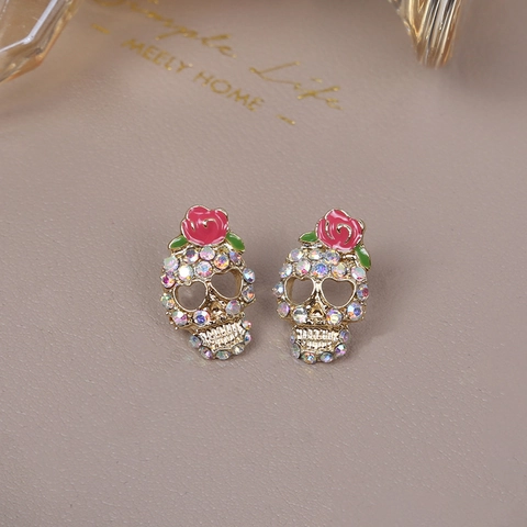 Orecchini Teschio Rosa Lega Zinco Strass AB Colorati Halloween Gothic Punk Retro Gioielli Donne Perno In Acciaio Inossidabile
